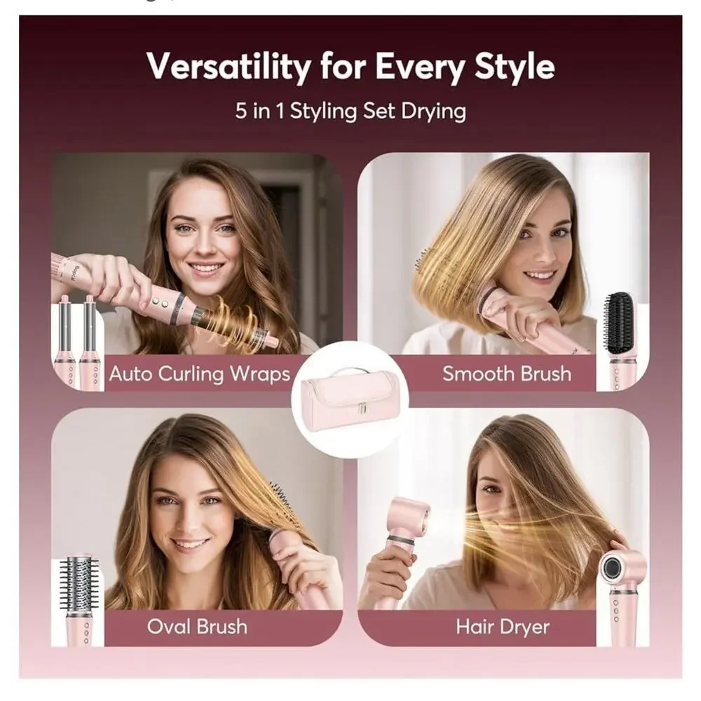 Bopcal 5-in-1 Air Wrap Hair Styler w/ Travel Bag, Pink Curler Dryer Straightener - Picture 2 of 11